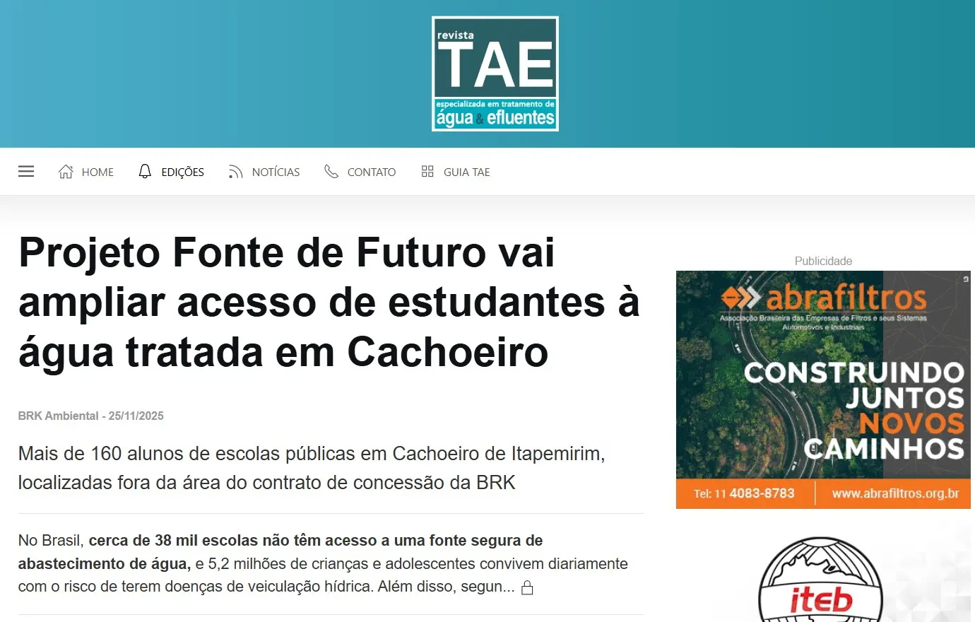 Revista TAE: Projeto Fonte de Futuro vai ampliar acesso de estudantes à água tratada em Cachoeiro