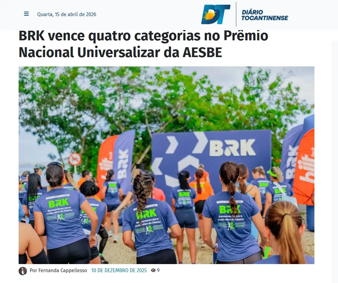 Diário Tocantinense: BRK vence quatro categorias no Prêmio Nacional Universalizar da AESBE